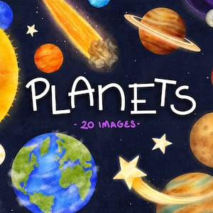 Planets Clipart Solar System Digital Watercolor Commercial Use Outer Space graphics PNG Files Asteroids Galaxy Sun Black Hole Shooting Star