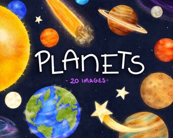 Planets Clipart Solar System Digital Watercolor Commercial Use Outer Space graphics PNG Files Asteroids Galaxy Sun Black Hole Shooting Star