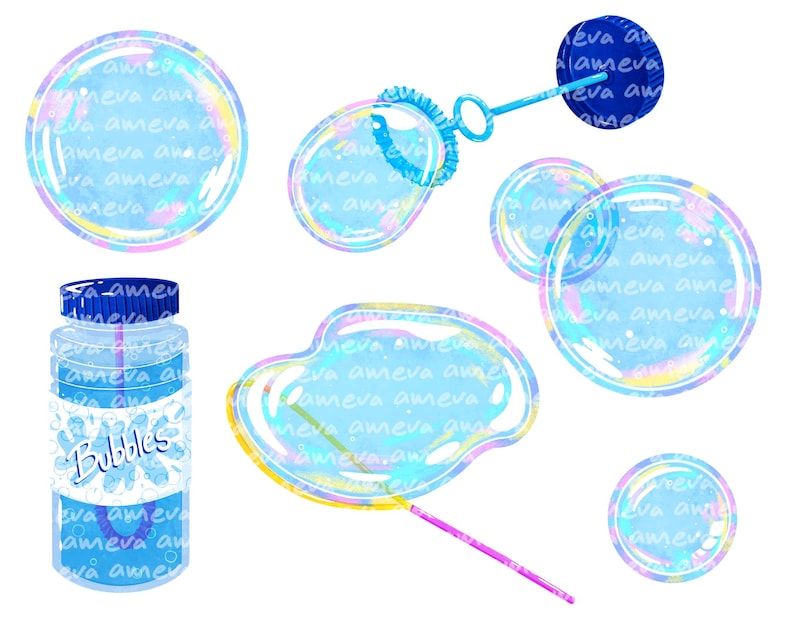 May include: A set of colorful bubble wands and bottles with iridescent bubbles. The bubbles are round and have a rainbow effect. The wands are made of plastic and have a handle. The bottles are clear and have a label that says "Bubbles".