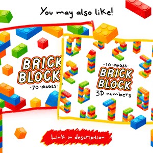May include: Two digital illustrations of colorful brick blocks. The first image shows a pattern of red, yellow, blue, and green blocks. The text "BRICK BLOCK - 70 IMAGES -" is below the pattern. The second image shows a pattern of brick blocks forming the numbers 1, 2, 3, 4, 5, 6, 7, 8, 9, and 0. The text "BRICK BLOCK 3D numbers - 10 IMAGES -" is below the pattern.