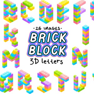 Pastell Brick Block 3D Buchstaben Clipart Kunststoff Bausteine Alphabet PNG Sublimation Dateien Kinder Party Bausteine kommerzielle Nutzung