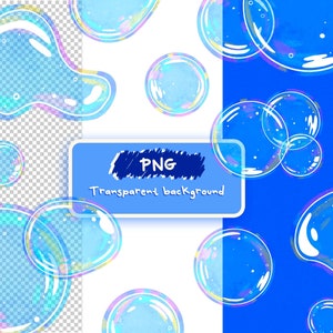 May include: A digital illustration of blue, iridescent soap bubbles on a white and blue background. The text "PNG Transparent background" is visible in the image.