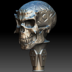 May include: A silver skull with horns and intricate designs on the top of the head. The skull is mounted on a base with two coffin-shaped accents.