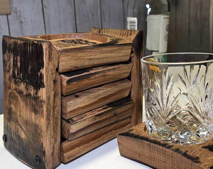 Whiskey Barrel Coaster Set with Holder, Set of 4, Laser Engraved, Bar Essentials