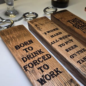 Beer Opener, Bourbon Barrel Stave, Laser Engraved, Stainless Steel