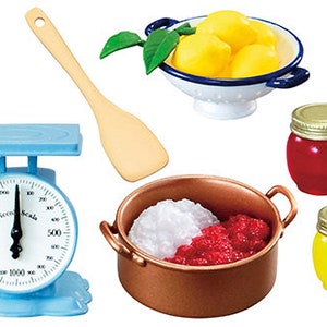May include: A set of miniature kitchen tools and ingredients for a dollhouse or play kitchen. The set includes a blue scale with a white face, a wooden spatula, a copper pot with red and white jam inside, a white colander with yellow lemons, and two glass jars with red and yellow jam.