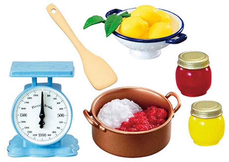 May include: A set of miniature kitchen tools and ingredients for a dollhouse or play kitchen. The set includes a blue scale with a white face, a wooden spatula, a copper pot with red and white jam inside, a white colander with yellow lemons, and two glass jars with red and yellow jam.