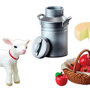 May include: A white baby goat with a red collar, a silver milk can with a lid, a wedge of yellow cheese, and a wicker basket filled with red apples.