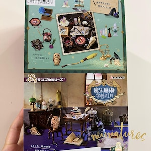 Può includere: Una scatola di figurine in miniatura che rappresentano un'ambientazione scolastica magica. La scatola presenta uno schema di colori verde e oro con il testo "Scuola di Stregoneria e Magia" e "Miniatures". La scatola include una varietà di oggetti in miniatura, tra cui una scrivania, sedie, libri, una gabbia, una lampada, una scopa e un teschio.