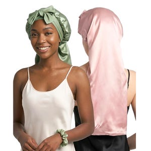 Mulberry Silk Bonnet For Long Hair - Double layered with Stretchy Ties + matching Silk Scrunchie Set for sleeping