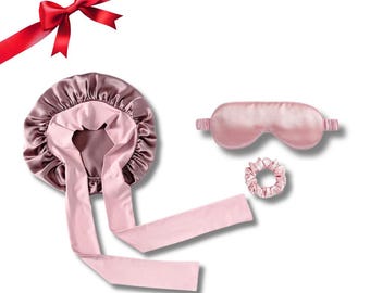 3pc Mulberry Silk Sleep Set with Bonnet eye mask & Scrunchie bundle Selfcare wellness gift set