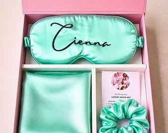 Personalized Name Satin Eye Mask Gift set box  & Pillowcase Sleep Set + Hair Scrunchie spa self care gift for her