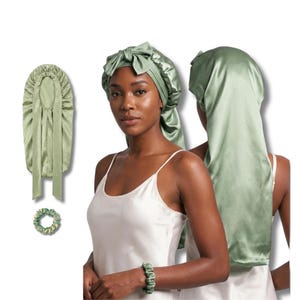 Mulberry Silk Bonnet For Long Hair - Double layered with Stretchy Ties + matching Silk Scrunchie Set for sleeping