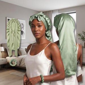 Mulberry Silk Bonnet For Long Hair - Double layered with Stretchy Ties + matching Silk Scrunchie Set for sleeping