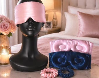 Mulberry Silk adjustable 3D Eye mask for sleeping travel Contoured blackout mask & Scrunchie gift set 22  momme