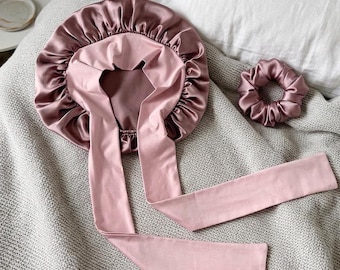 Mulberry Silk Bonnet for sleeping with tie adjustable stretchy + Scrunchie gift Set for all hair types