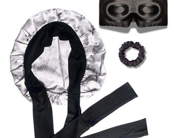 Mulberry Silk Sleep Set with Bonnet for hair Silk 3D contoured eye mask & Scrunchie bundle Luxury Selfcare gift set for her 22 momme