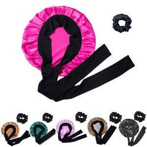22 Momme 100% Mulberry Silk Bonnets with Stretchy Ties & Matching Silk scrunchie Set