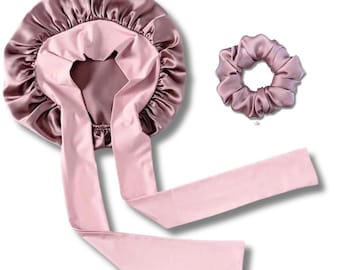 Mulberry Silk Bonnet for sleeping with tie adjustable stretchy + Scrunchie gift Set for all hair types