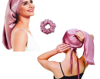 Mulberry Silk Bonnet For Long Fine Hair -single layered Lightweight thin with Tie & Scrunchie Set