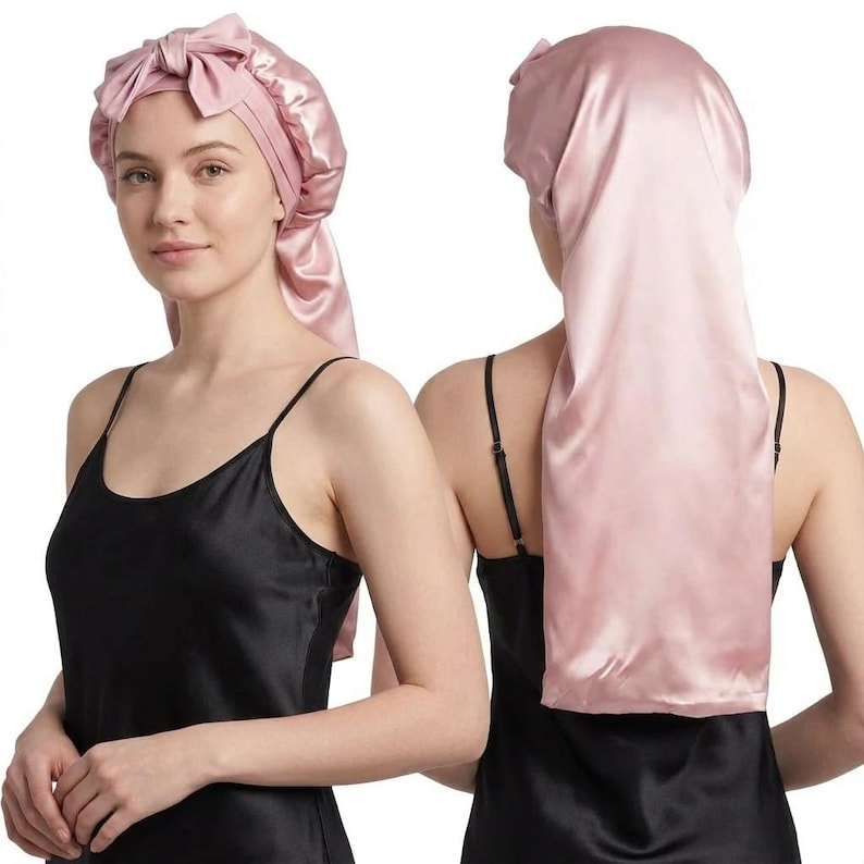 Mulberry Silk Bonnet For Long Hair - Double layered With Stretchy Ties + matching Silk Scrunchie Set for sleeping