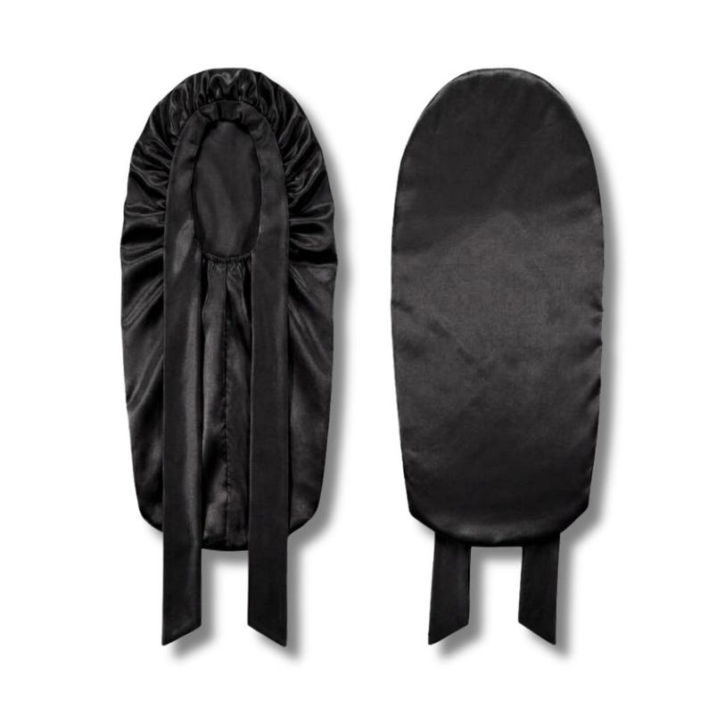 May include: Two black satin bonnets are shown against a white backdrop. One bonnet is displayed from the front, with a gathered crown and long ties. The other bonnet is shown from the back, with a smooth, sleek design and ties.