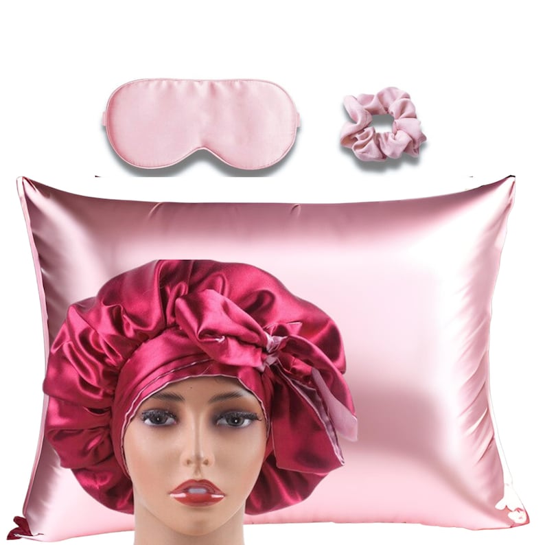 4 Pc Silky Satin Bonnet Set With Tie for Hair Pillowcase, Sleep Mask ...