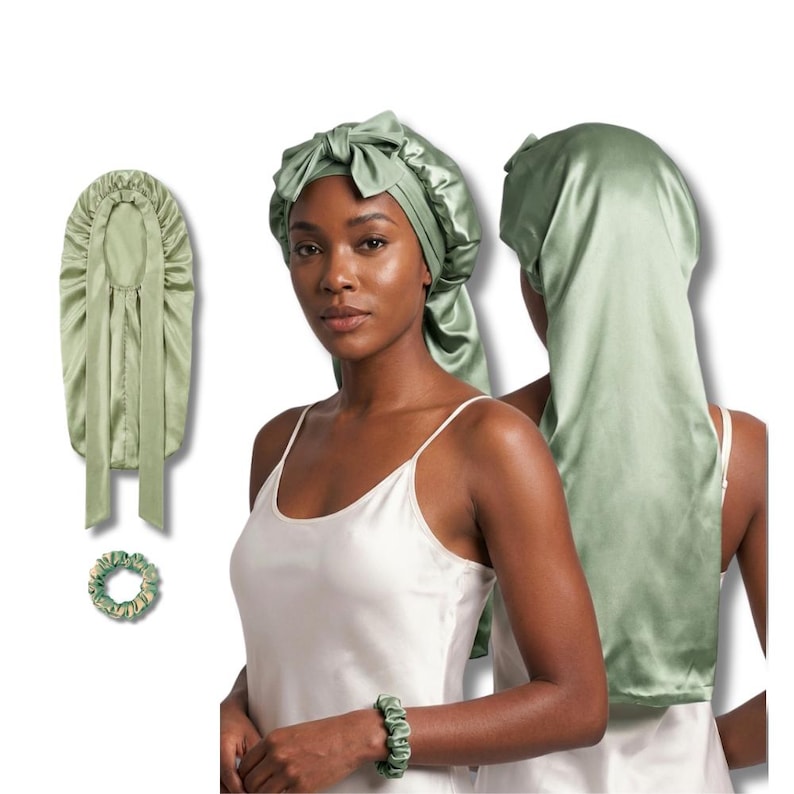 Mulberry Silk Bonnet For Long Hair - Double layered with Stretchy Ties + matching Silk Scrunchie Set for sleeping