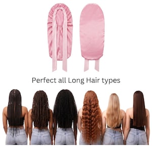 May include: Two pink satin hair bonnets with long ties are shown above six women with different hair types. The text "Perfect all Long Hair types" is below the bonnets. The bonnets are designed to protect and maintain various hair styles.