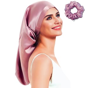 Long thin lightweight 100% Mulberry Silk Bonnet with Tie For Long hair with Matching Silk scrunchie Set. Single layered & Breathable