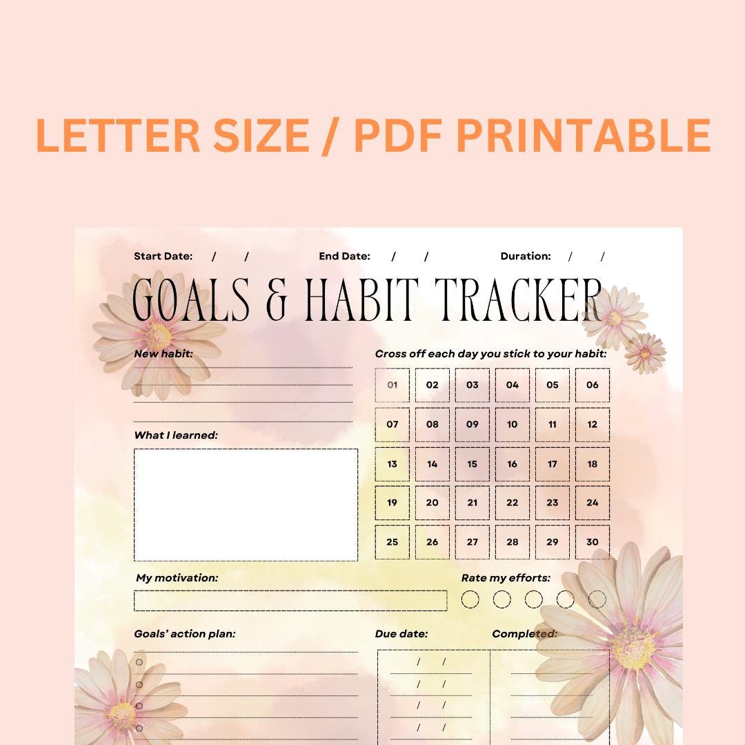 Count Step Progress Tracker Flower Peach Flower Goal and Habit Tracker - Etsy