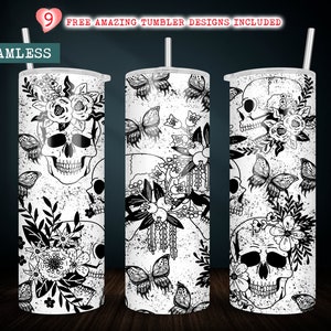 Black White Butterflies Skulls PNG Wrap 20oz Skinny Sublimation Straight & Tapered Tumbler Design Download (plus 9 FREE Designs Included!)