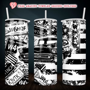 Black and White Vintage Car v6, 20 oz Skinny Sublimation Straight & Tapered Tumbler Design PNG Download ( 9 FREE Designs Included!)