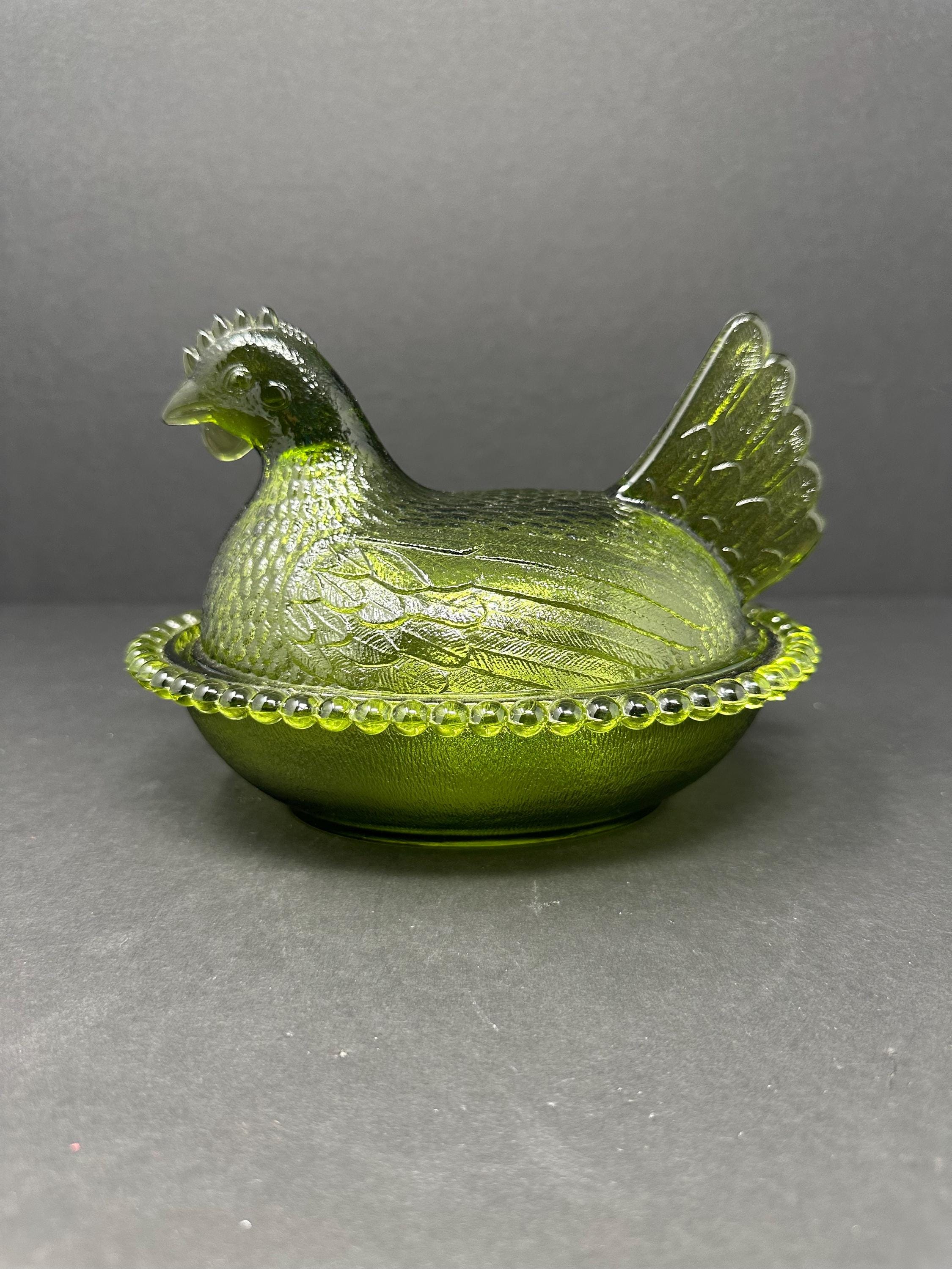 Indiana Glass Olive Green Hen on Nest, Stippled Base, 7-inch