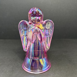 Fenton Rose Carnival Glass Angel Figurine with Metal Butterfly, 6” Tall Iridescent Collectible Art Glass Angel, Handmade in USA