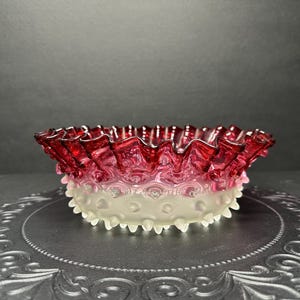 Antique Hobbs Brockunier & Co. Cranberry Hobnail Glass Bowl No. 203 with Ruffled Rim, 1886, UV Reactive, 9.5” Wide, Rare Victorian Glass