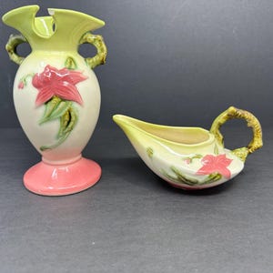 Vintage Hull Pottery Woodland W4 6.5” Vase & W27 Creamer Set - Mid-Century Art Pottery, Floral Design, Collectible.  Vase has Chip