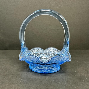 Vintage Blue Glass Basket - 5” Decorative Handled Dish, Diamond Pattern Design, Elegant Home Decor, Collectible Glassware