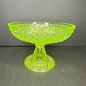 Antique Central Glass No. 775 Block and Diamond Vaseline Glass Compote – Uranium Glass – 8.5” Wide x 6” Tall – Circa 1885–1891 – Glows