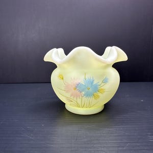 Fenton Rare UV Reactive Custard Satin Hand-Painted Ruffled Vase, Lisa G Signed, Vintage Floral Art Glass Collectible