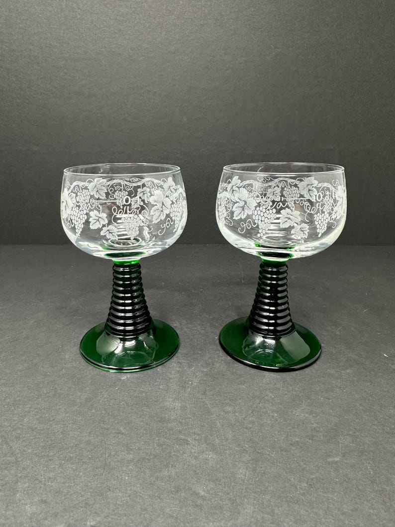 Pair of Vintage Roemer Wine Glasses with Etched Grapevine Design – 4.5” Tall, Green Ribbed Stem