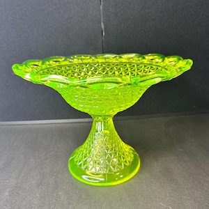 Extremely Rare Imperial Glass Lace Edge Vaseline Uranium Comport – 10 3⁄8” Wide x 7 1⁄2” Tall – Glows Brilliantly – Excellent Condition