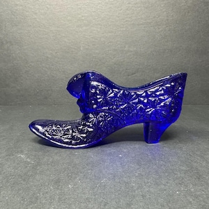 Cobalt Blue Glass Shoe - Intricate Starburst Design, 5.5” Long, Vintage Art Glass