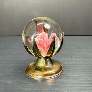 Vintage Made in USA Glass Paperweight with Floral Design – Includes Stand – 2” Diameter Paperweight, 3” Tall with Stand, Mid-Century Decor