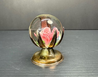Vintage Made in USA Glass Paperweight with Floral Design – Includes Stand – 2” Diameter Paperweight, 3” Tall with Stand, Mid-Century Decor