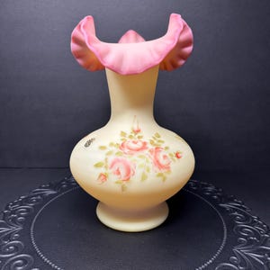 Louise Piper Painted Sample!!  Fenton 7251-RB Rose Burmese Vase  – UV Reactive Sample Piece – Possible One-of-a-Kind Historic Piece
