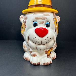 Vintage 8” Hand-Painted Cookie Jar by Weiss, Made in Brazil - Whimsical Floral Dog Design with Yellow Hat