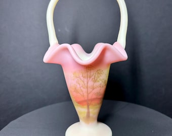 Fenton Burmese Satin Basket 7686-C8 Louise Piper Honor Collection Hand Painted Trees Scene by Dane Frederick 9.5” UV Reactive Uranium Glass