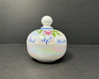 Vintage Westmoreland Mother of Pearl Glass Puff Box – Hand-Painted 4-Inch Tall Signed and Dated Decorative Jar with Floral Design