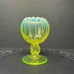 Vintage LG Wright Vaseline Glass Beaded Rib Pedestal Bowl | Glowing Reproduction of Northwood Pattern | Super Bright UV Reactive Glass